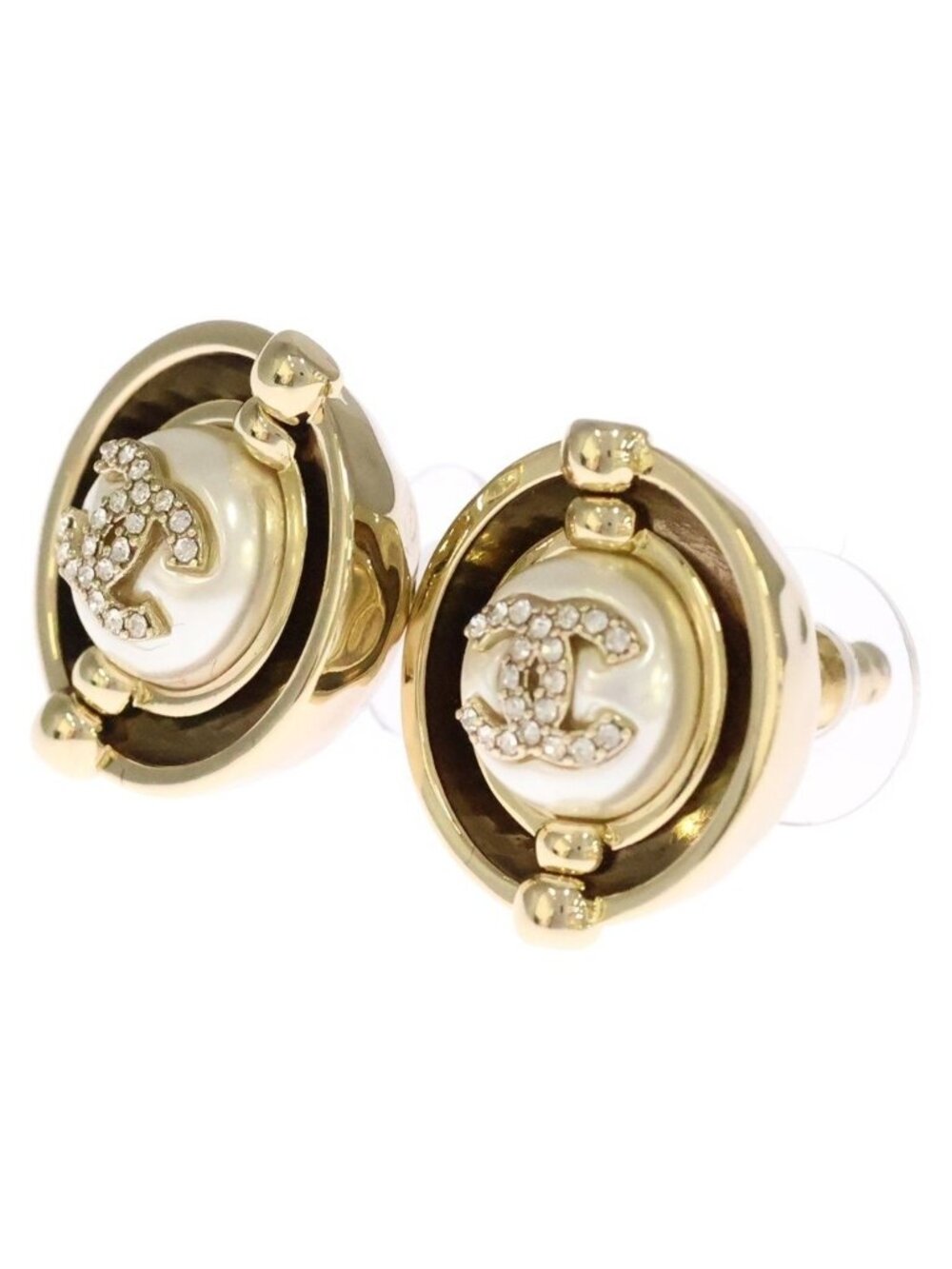 Chanel CC Logo Faux Pearl Rhinestone 24k Earrings Gold White
